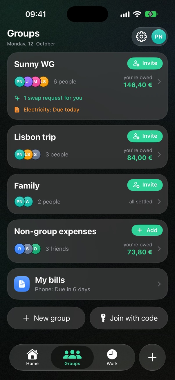 Groups: your flat, a couple, friends